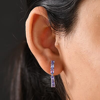 D'Joy Tanzanite and Lab Grown Diamond I1 2.80 ctw Hoop Earrings in Rhodium Over Sterling Silver