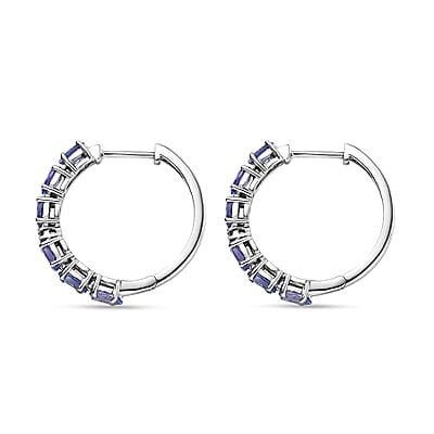 D'Joy Tanzanite and Lab Grown Diamond I1 2.80 ctw Hoop Earrings in Rhodium Over Sterling Silver
