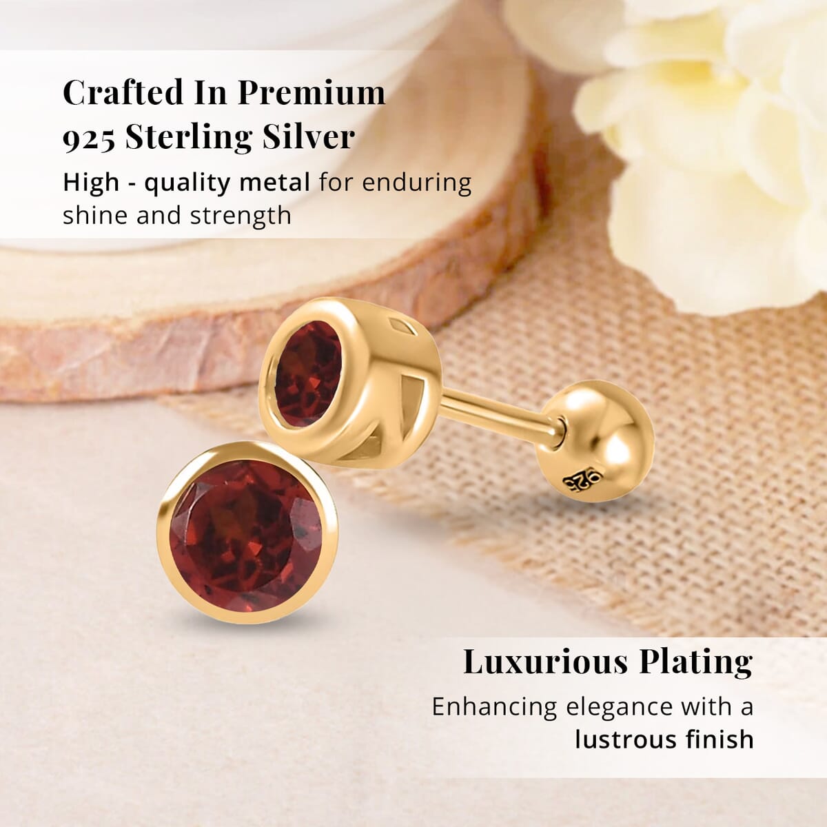 D'Joy Mozambique Garnet 0.65 ctw Stud Earrings in 18K Vermeil Yellow Gold Over Sterling Silver image number 2