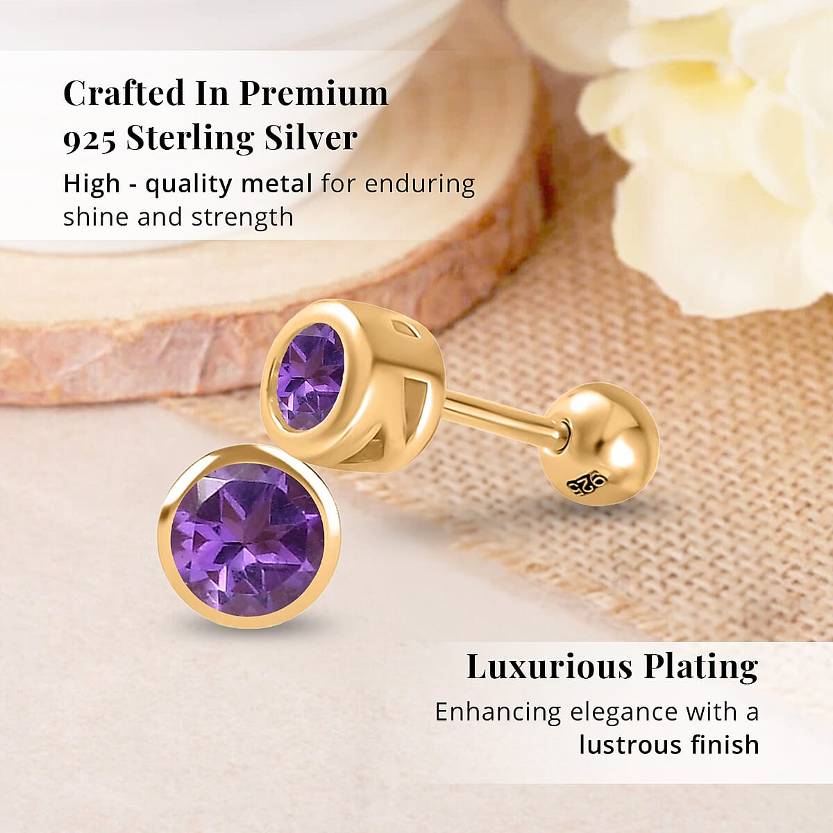 D'Joy Poke Free African Amethyst 0.50 ctw Stud Earrings in 18K Vermeil Yellow Gold Over Sterling Silver image number 2