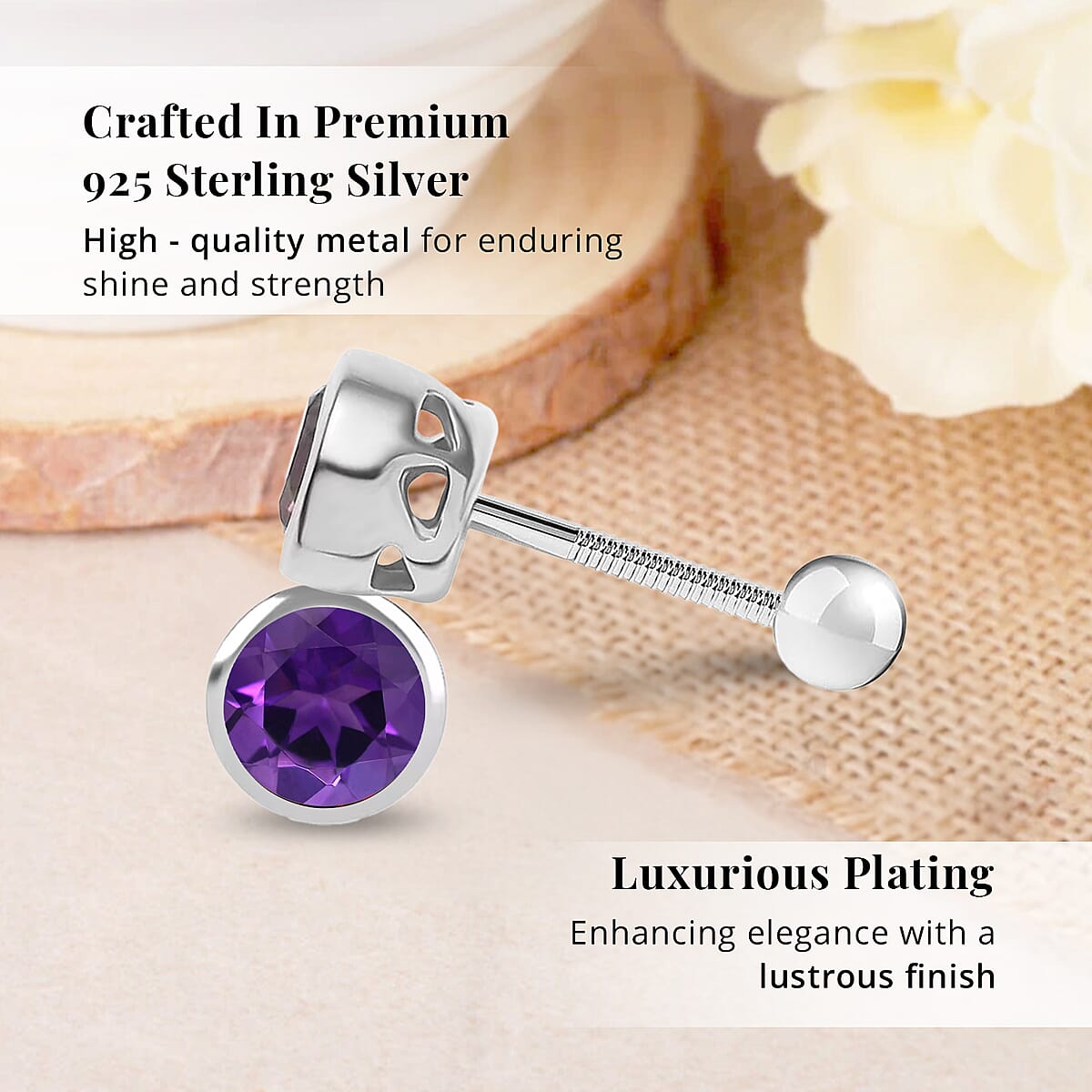 D'Joy Poke Free African Amethyst 0.50 ctw Stud Earrings in Rhodium Over Sterling Silver image number 2