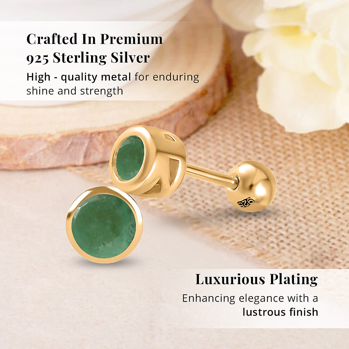 D'Joy Poke Free Kagem Zambian Emerald 0.50 ctw Stud Earrings in 18K Vermeil Yellow Gold Over Sterling Silver image number 2