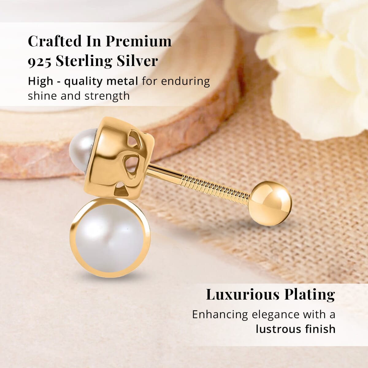 D'Joy Freshwater Pearl Stud Earrings in 18K Vermeil Yellow Gold Over Sterling Silver image number 2