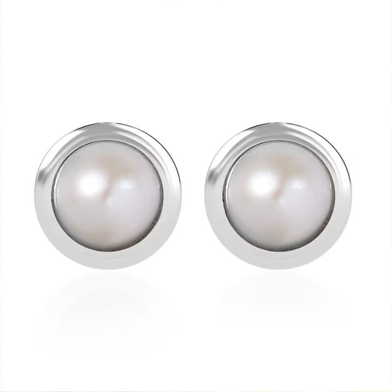 D'Joy Poke Free Freshwater Pearl Stud Earrings in Rhodium Over Sterling Silver