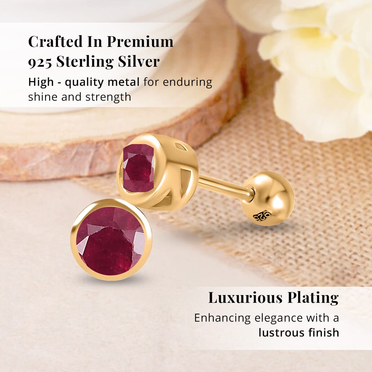 D'Joy Poke Free Niassa Ruby (FF) 0.85 ctw Stud Earrings in 18K Vermeil Yellow Gold Over Sterling Silver image number 2
