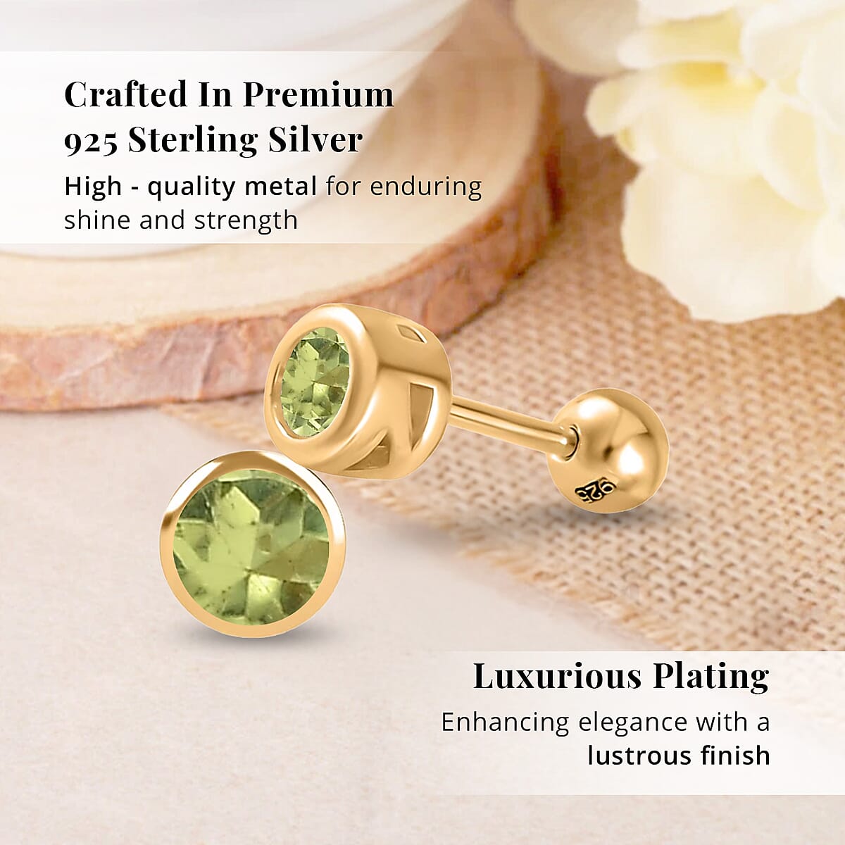 D'Joy Poke Free Peridot 0.60 ctw Stud Earrings in 18K Vermeil Yellow Gold Over Sterling Silver image number 2