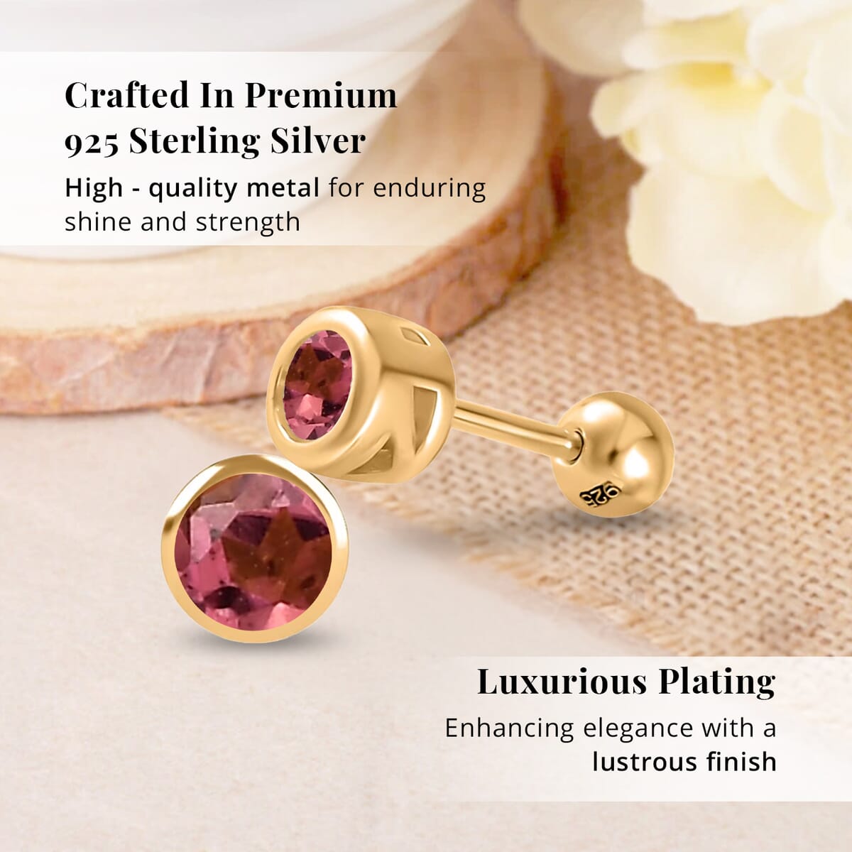 D'Joy Morro Redondo Pink Tourmaline 0.50 ctw Stud Earrings in 18K Vermeil Yellow Gold Over Sterling Silver image number 2