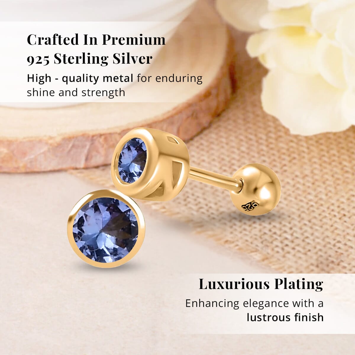 D'Joy Tanzanite 0.50 ctw Stud Earrings in 18K Vermeil Yellow Gold Over Sterling Silver image number 2