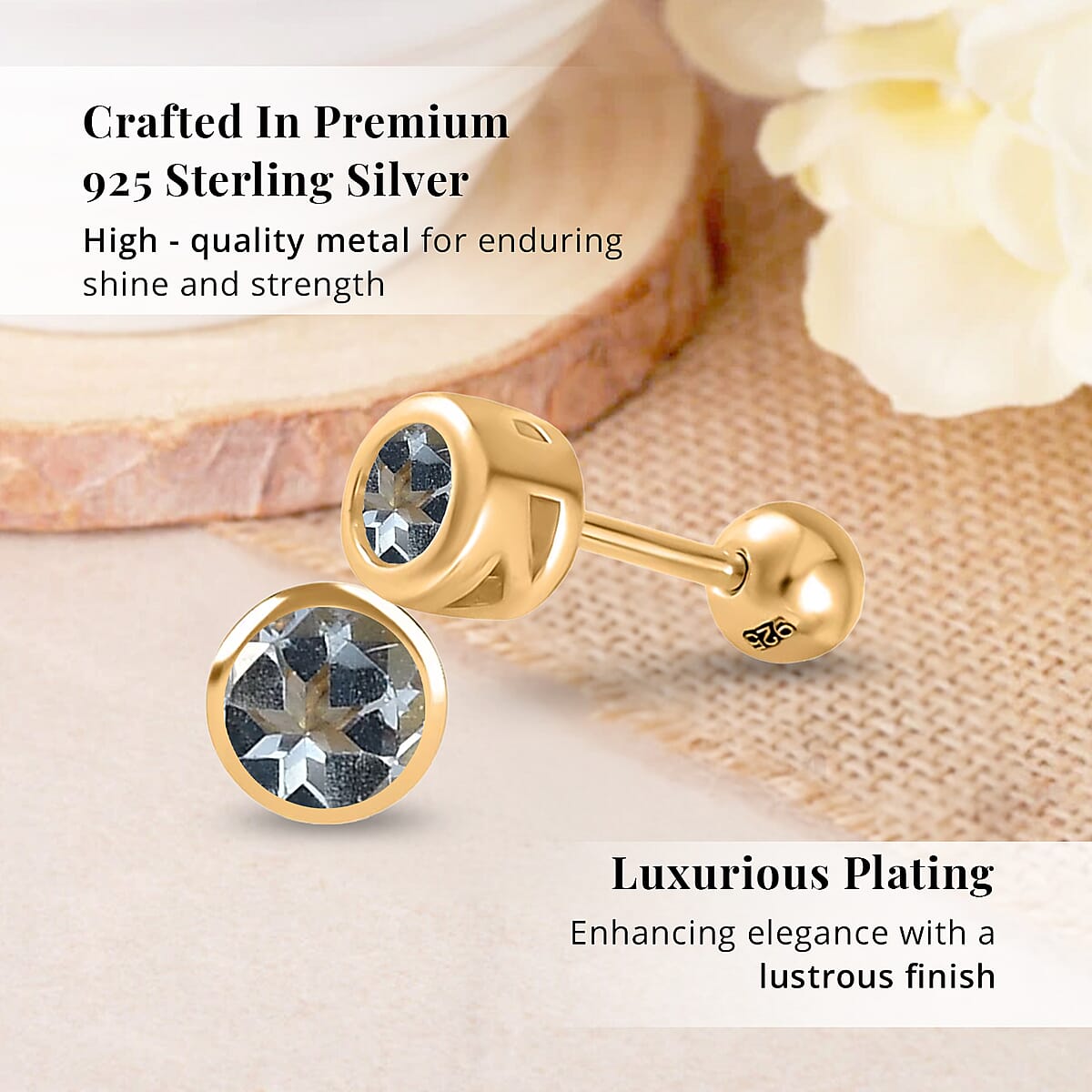 D'Joy Poke Free Aquamarine 0.50 ctw Stud Earrings in 18K Vermeil Yellow Gold Over Sterling Silver image number 2