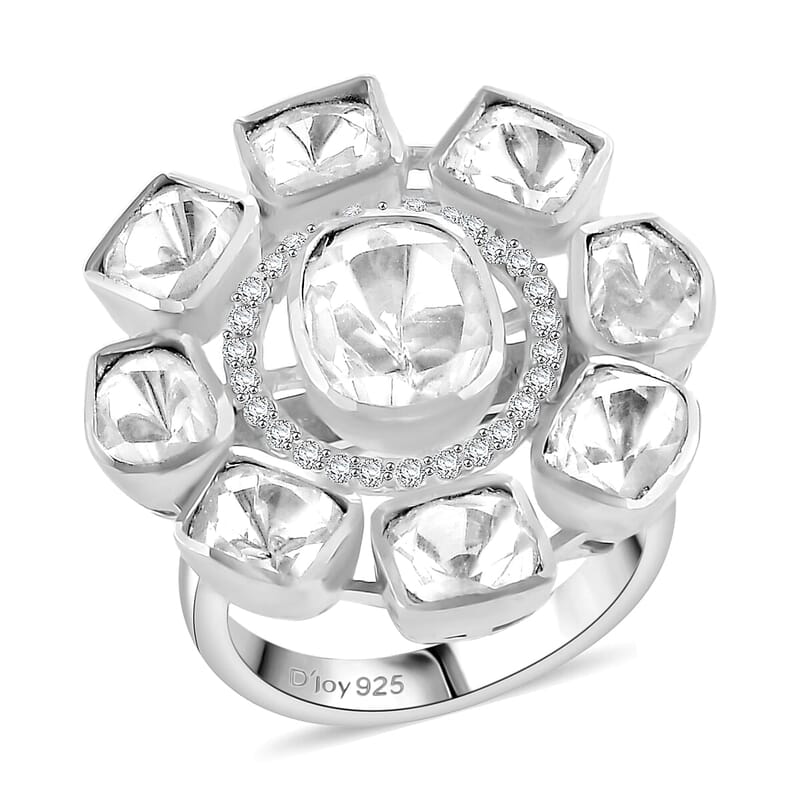 D'Joy Polki Moissanite 3.70 ctw Floral Ring in Rhodium Over Sterling Silver (Size 10.0)