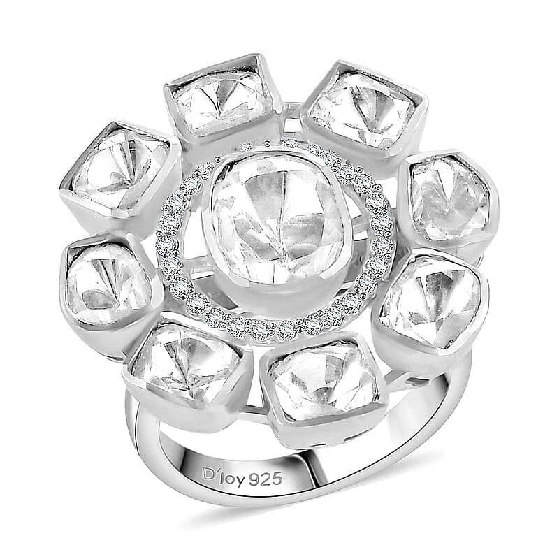 D'Joy Polki Moissanite 3.70 ctw Floral Ring in Rhodium Over Sterling Silver (Size 10.0)