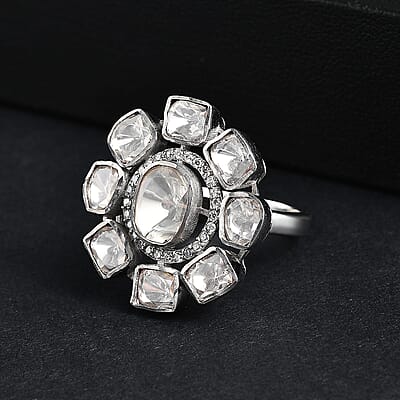 D'Joy Polki Moissanite 3.70 ctw Floral Ring in Rhodium Over Sterling Silver (Size 10.0)