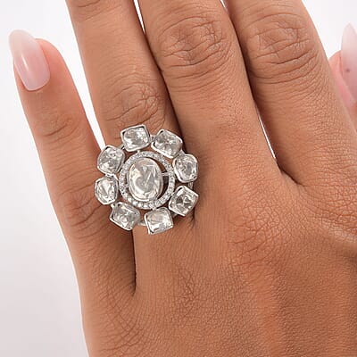 D'Joy Polki Moissanite 3.70 ctw Floral Ring in Rhodium Over Sterling Silver (Size 10.0)