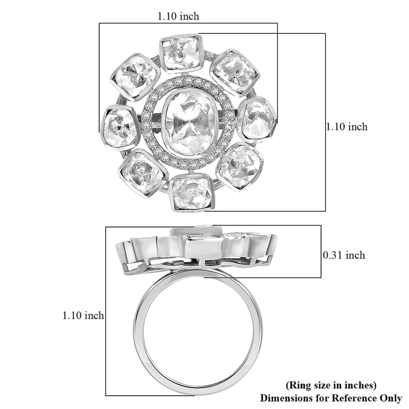 D'Joy Polki Moissanite 3.70 ctw Floral Ring in Rhodium Over Sterling Silver (Size 10.0)