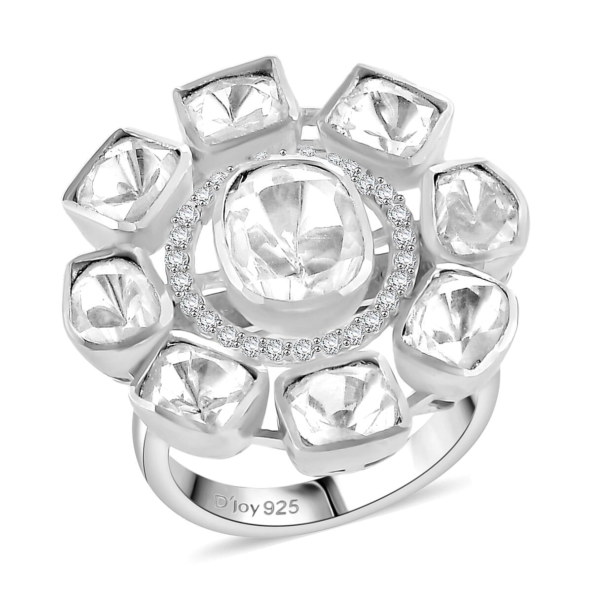 D'Joy Polki Moissanite 3.70 ctw Floral Ring in Rhodium Over Sterling Silver (Size 5.0)