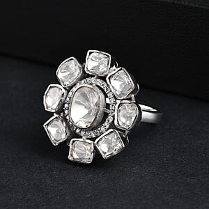 D'Joy Polki Moissanite 3.70 ctw Floral Ring in Rhodium Over Sterling Silver (Size 5.0) 