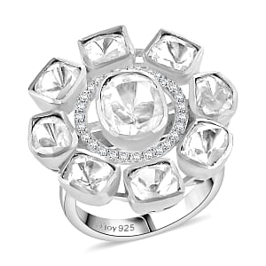 D'Joy Polki Moissanite 3.70 ctw Floral Ring in Rhodium Over Sterling Silver (Size 6.0) 