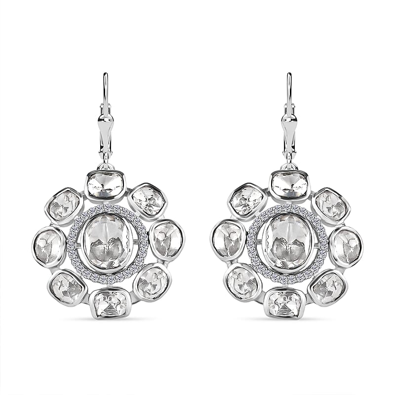 D'Joy Polki Moissanite 4.35 ctw Floral Lever Back Earrings in Rhodium Over Sterling Silver