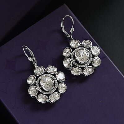 D'Joy Polki Moissanite 4.35 ctw Floral Lever Back Earrings in Rhodium Over Sterling Silver