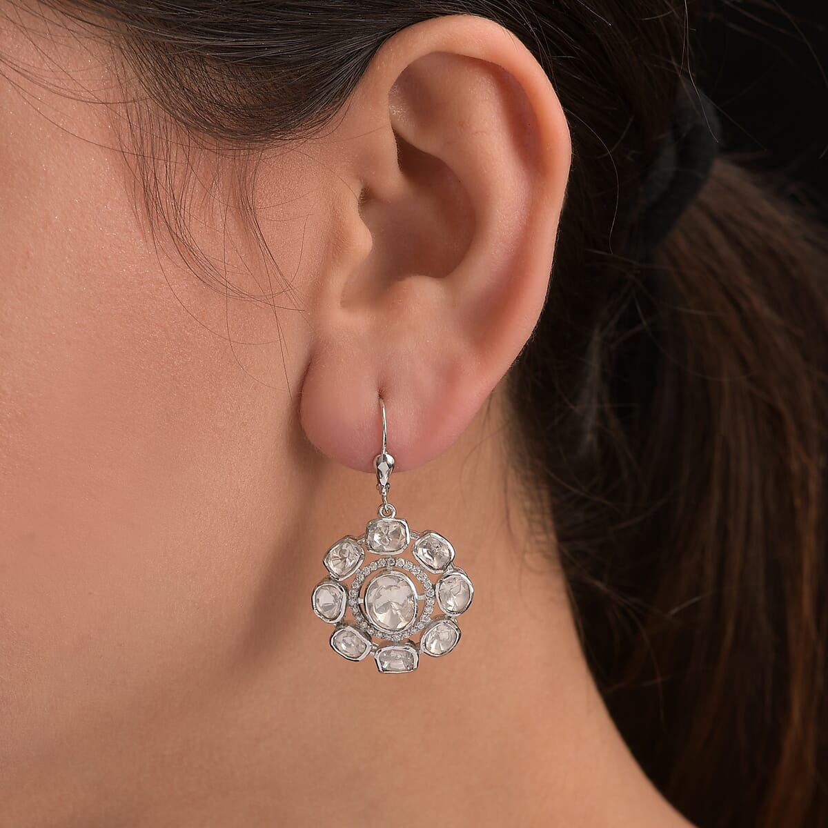 D'Joy Polki Moissanite 4.35 ctw Lever Back Earrings in Rhodium Over Sterling Silver image number 2
