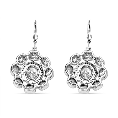 D'Joy Polki Moissanite 4.35 ctw Floral Lever Back Earrings in Rhodium Over Sterling Silver