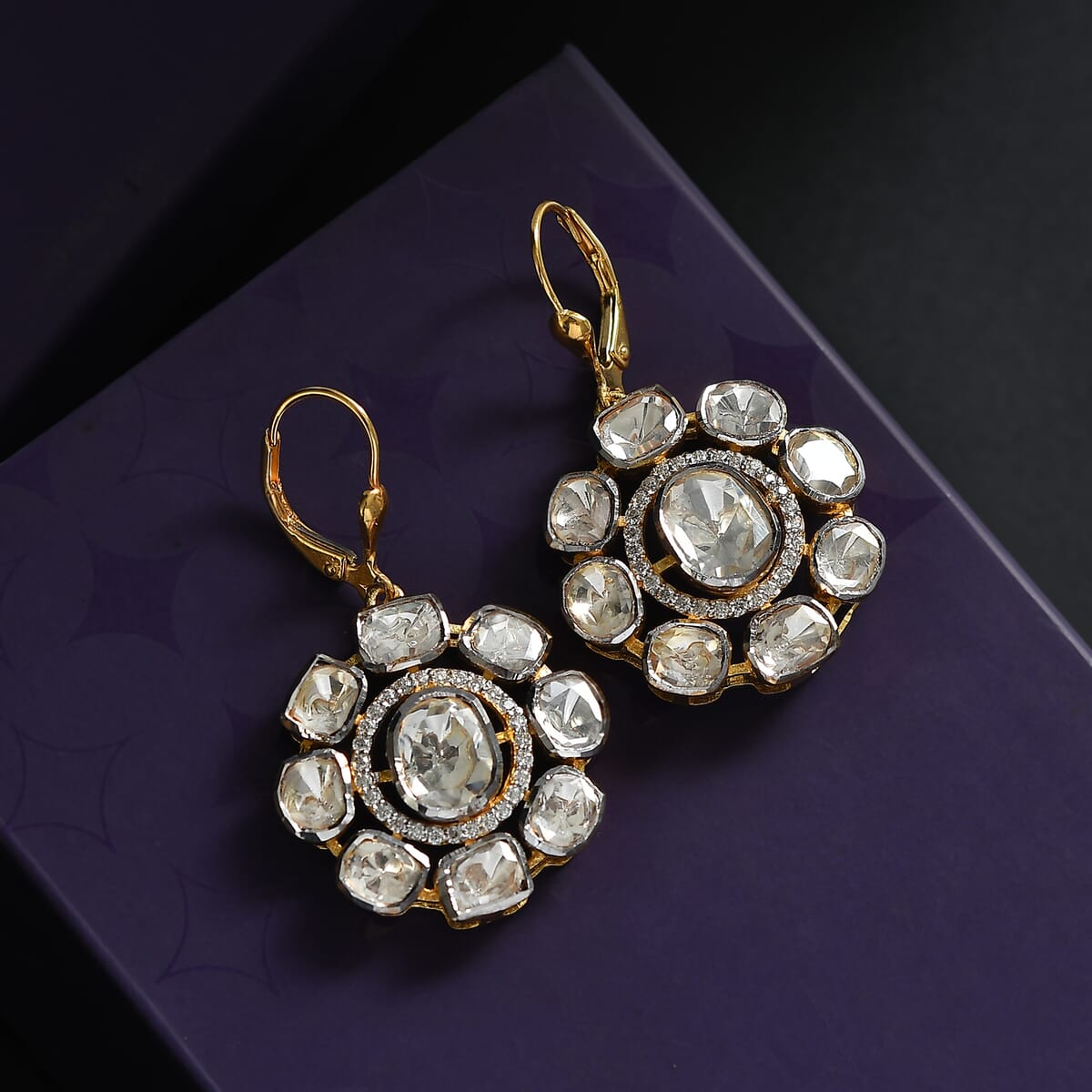 D'Joy Polki Moissanite 4.35 ctw Lever Back Earrings in 18K Vermeil Yellow Gold Over Sterling Silver image number 1