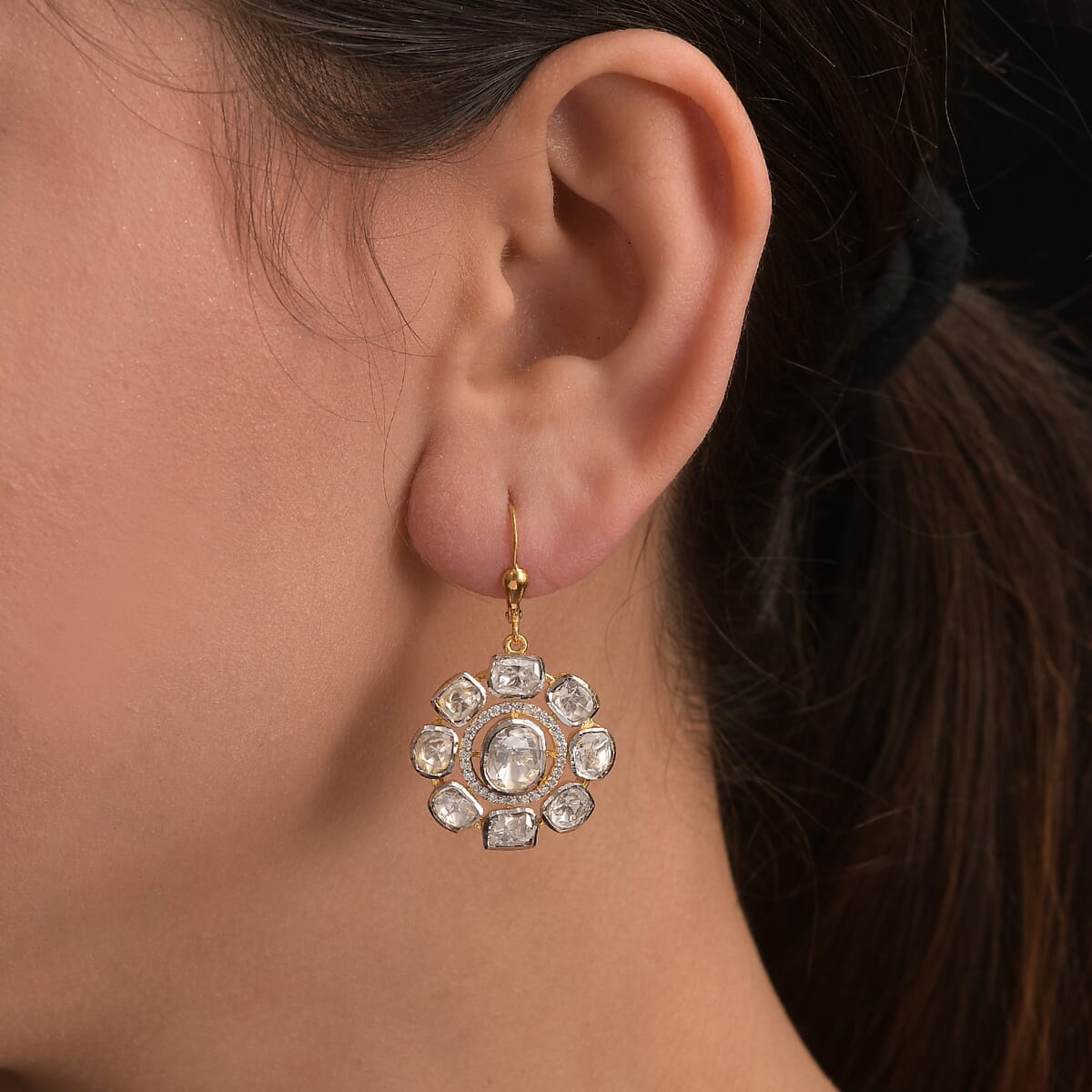 D'Joy Polki Moissanite 4.35 ctw Lever Back Earrings in 18K Vermeil Yellow Gold Over Sterling Silver image number 2