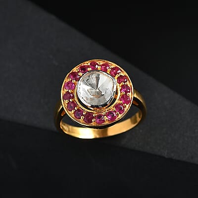 D'Joy Polki Moissanite and Niassa Ruby (FF) 1.70 ctw Ring in 18K Vermeil Yellow Gold Over Sterling Silver (Size 10.0)