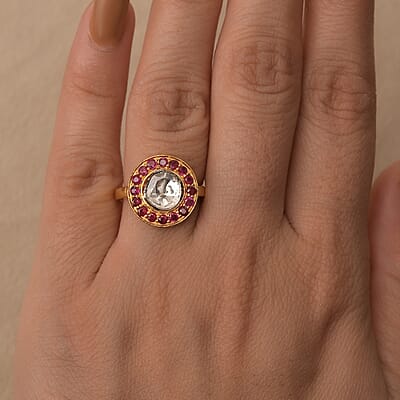 D'Joy Polki Moissanite and Niassa Ruby (FF) 1.70 ctw Ring in 18K Vermeil Yellow Gold Over Sterling Silver (Size 10.0)