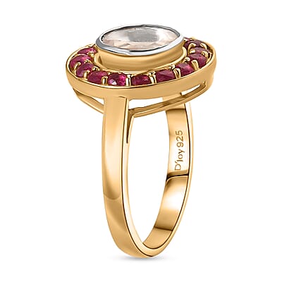 D'Joy Polki Moissanite and Niassa Ruby (FF) 1.70 ctw Ring in 18K Vermeil Yellow Gold Over Sterling Silver (Size 10.0)