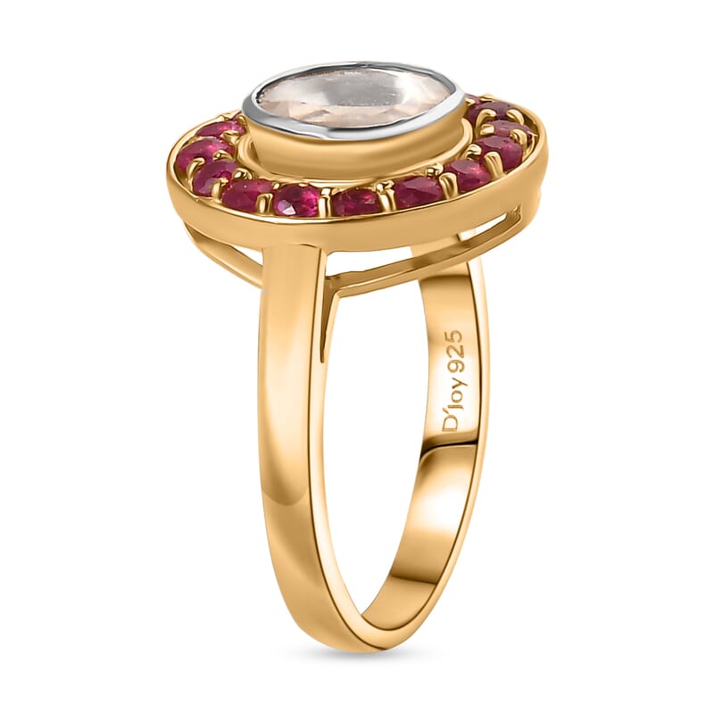 D'Joy Polki Moissanite and Niassa Ruby (FF) 1.70 ctw Ring in 18K Vermeil Yellow Gold Over Sterling Silver (Size 10.0)