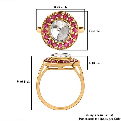 D'Joy Polki Moissanite and Niassa Ruby (FF) 1.70 ctw Ring in 18K Vermeil Yellow Gold Over Sterling Silver (Size 10.0)