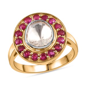 D'Joy Polki Moissanite and Niassa Ruby (FF) 1.70 ctw Ring in 18K Vermeil Yellow Gold Over Sterling Silver (Size 6.0)