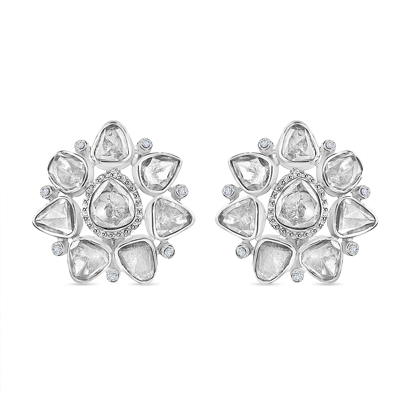 D'Joy Polki Moissanite 3.85 ctw Stud Earrings in Rhodium Over Sterling Silver