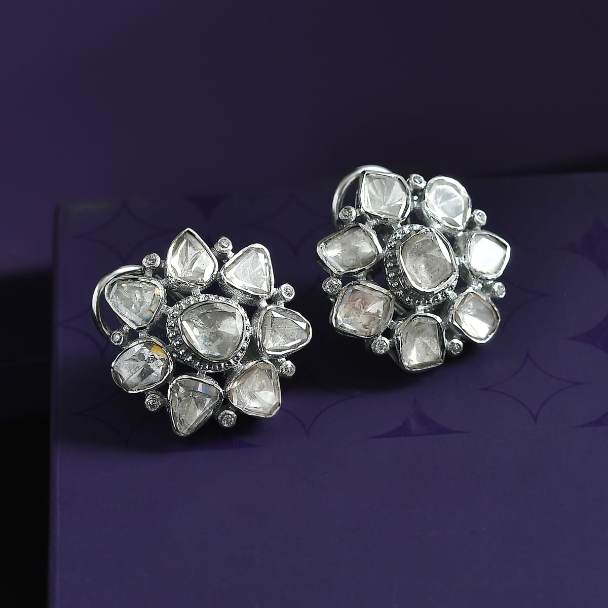D'Joy Polki Moissanite 3.85 ctw Stud Earrings in Rhodium Over Sterling Silver  image number 1