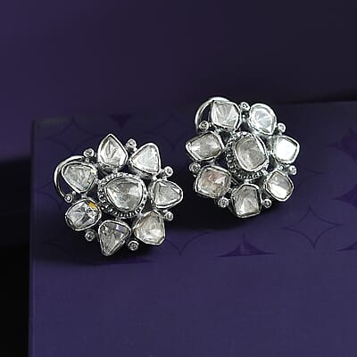 D'Joy Polki Moissanite 3.85 ctw Stud Earrings in Rhodium Over Sterling Silver