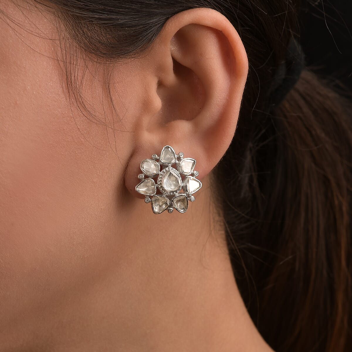 D'Joy Polki Moissanite 3.85 ctw Stud Earrings in Rhodium Over Sterling Silver  image number 2