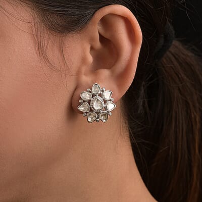 D'Joy Polki Moissanite 3.85 ctw Stud Earrings in Rhodium Over Sterling Silver