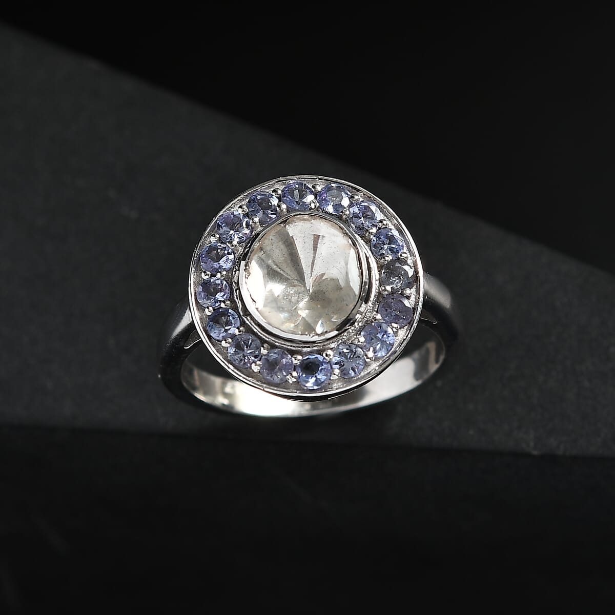 D'Joy Polki Moissanite and Tanzanite 1.70 ctw Ring in Rhodium Over Sterling Silver (Size 5.0)  image number 1