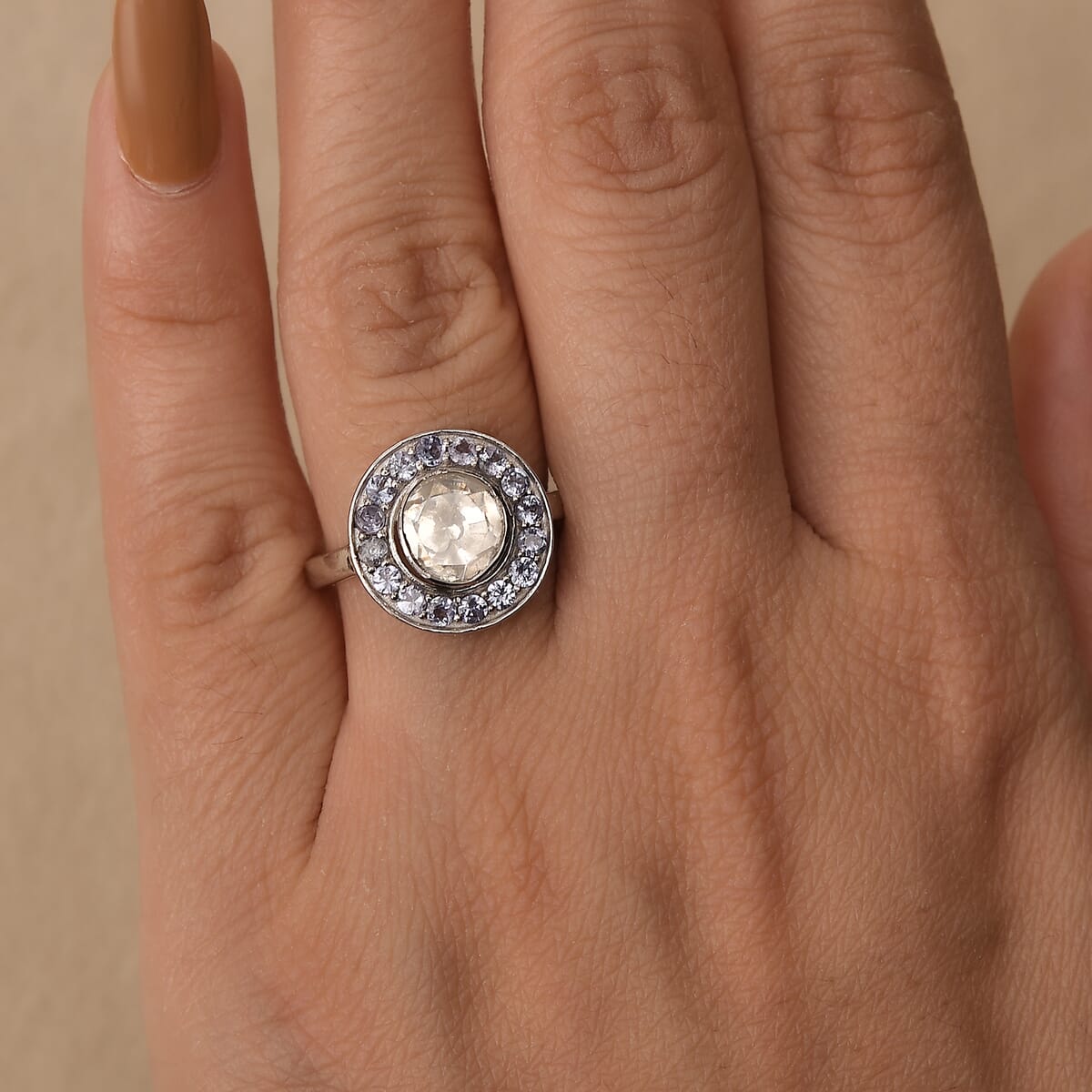 D'Joy Polki Moissanite and Tanzanite 1.70 ctw Ring in Rhodium Over Sterling Silver (Size 5.0)  image number 2