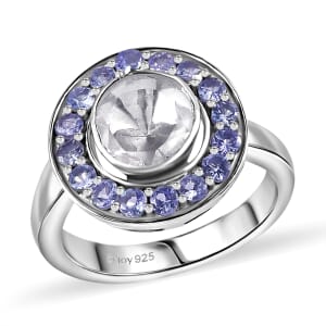 D'Joy Polki Moissanite and Tanzanite 1.70 ctw Ring in Rhodium Over Sterling Silver (Size 6.0) 