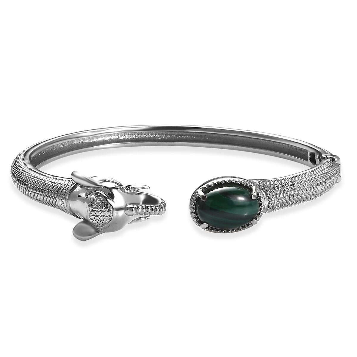 African Malachite 5.85 ctw Elephant Cuff Bracelet in Stainless Steel (7.50 In) image number 0
