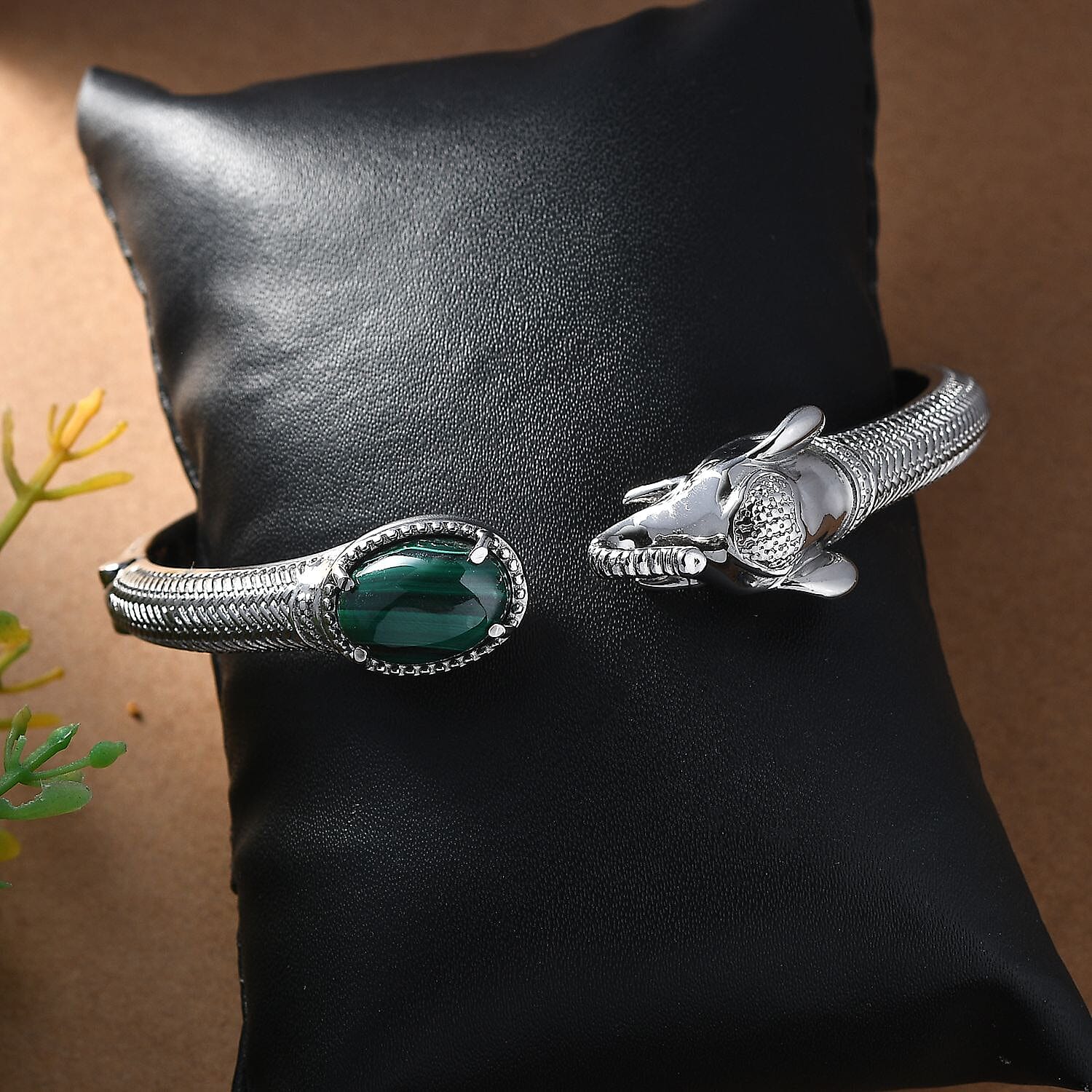 African Malachite 5.85 ctw Elephant Cuff Bracelet in Stainless Steel (7.50 In)