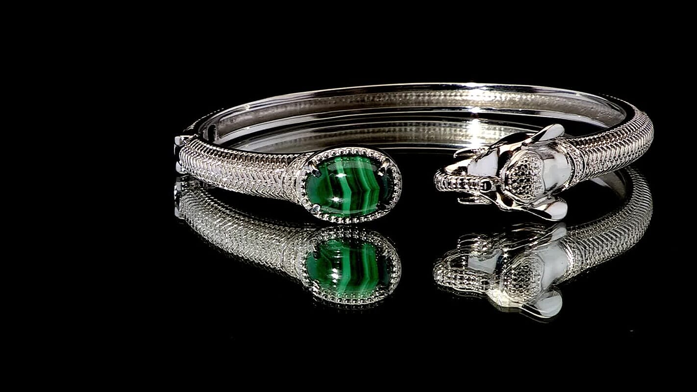 African Malachite 5.85 ctw Elephant Cuff Bracelet in Stainless Steel (7.50 In)