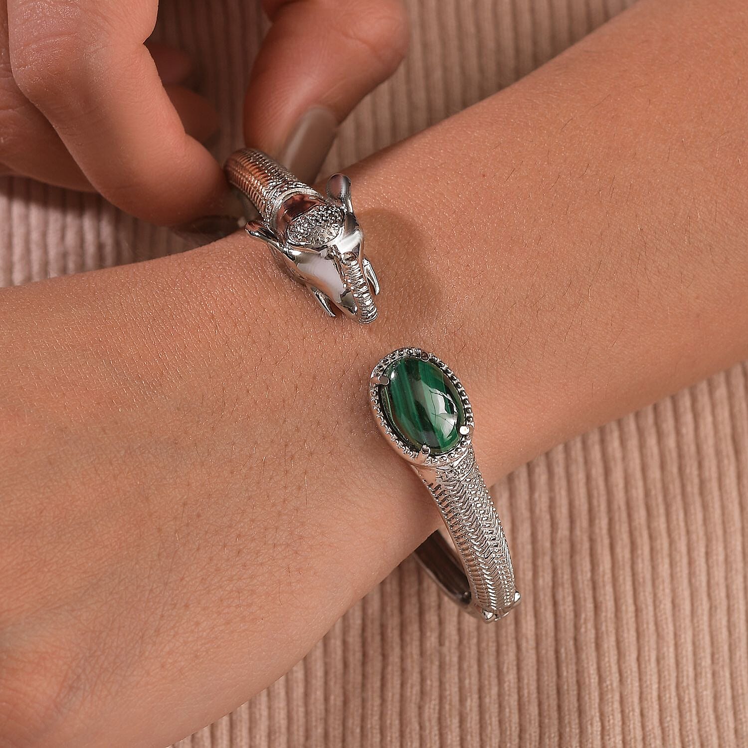 African Malachite 5.85 ctw Elephant Cuff Bracelet in Stainless Steel (7.50 In)