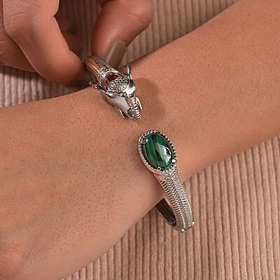 African Malachite 5.85 ctw Elephant Cuff Bracelet in Stainless Steel (7.50 In)