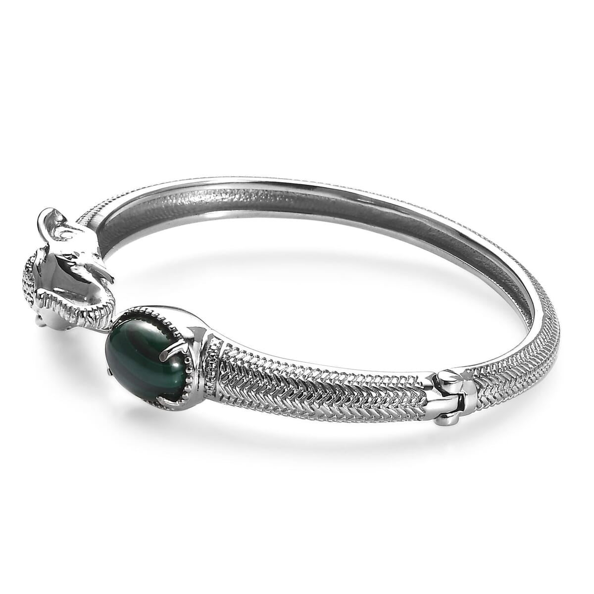 African Malachite 5.85 ctw Elephant Cuff Bracelet in Stainless Steel (7.50 In) image number 3