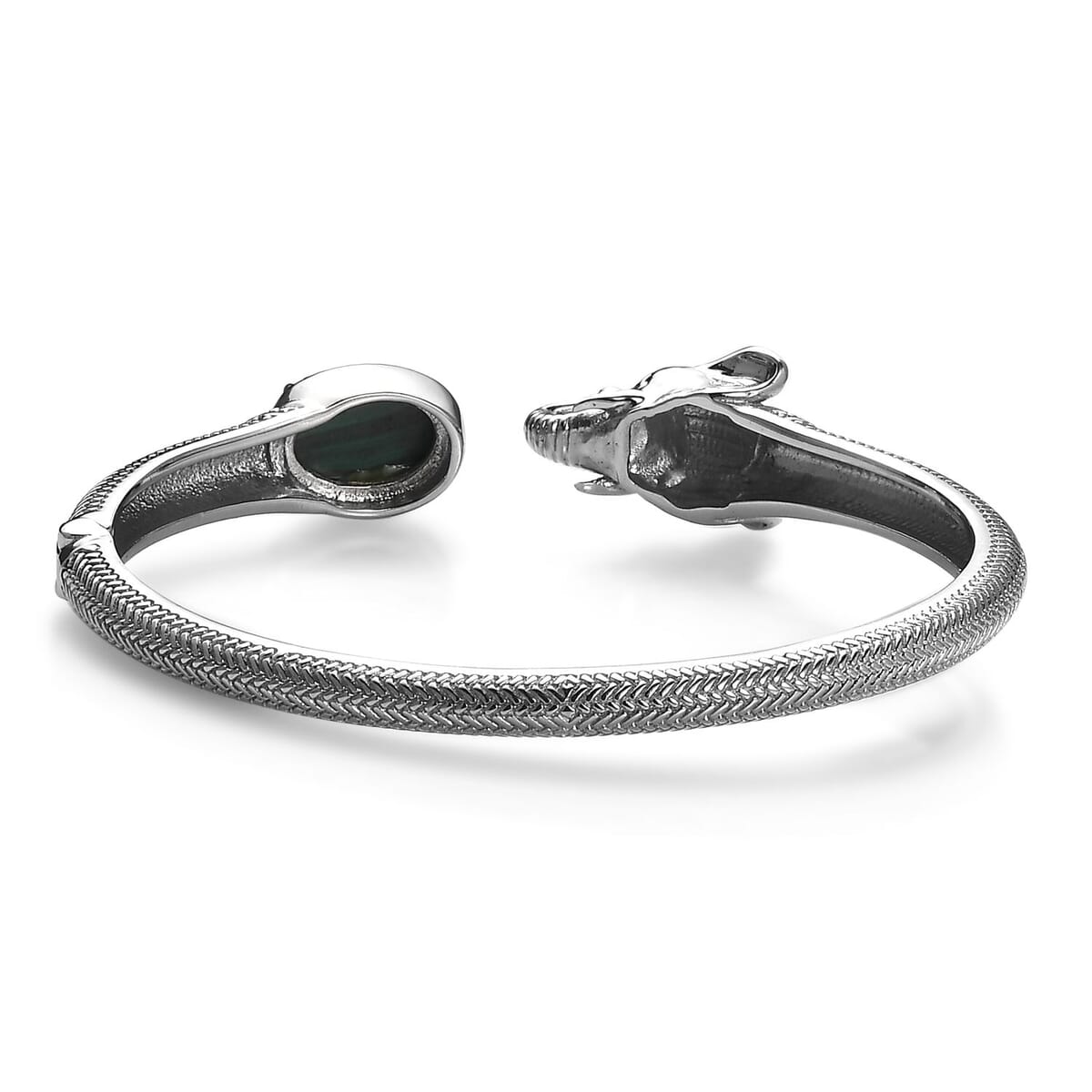 African Malachite 5.85 ctw Elephant Cuff Bracelet in Stainless Steel (7.50 In) image number 4