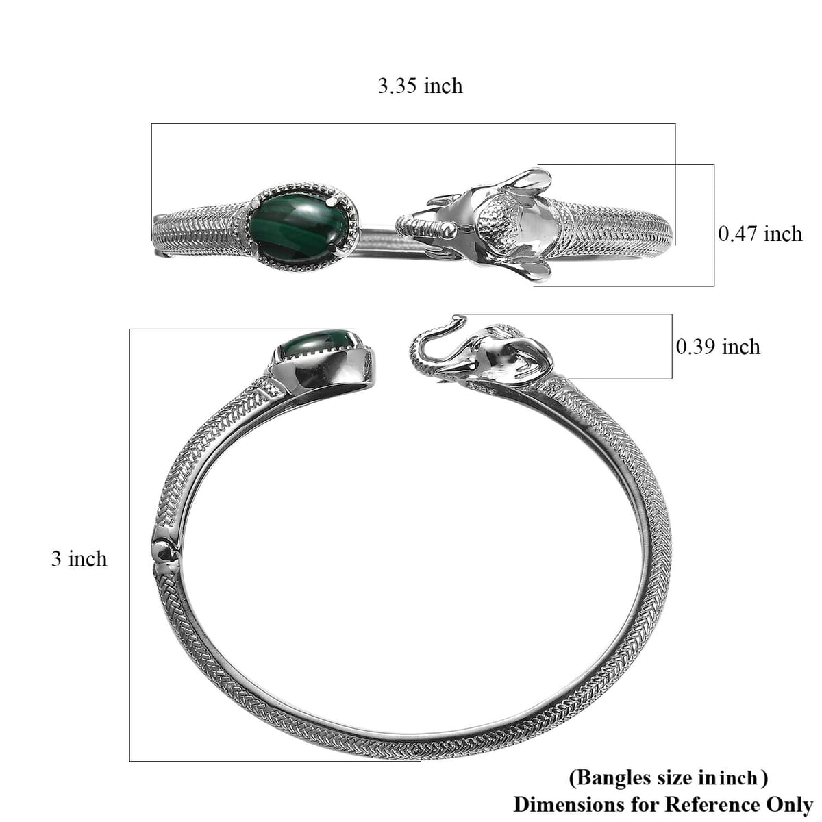 African Malachite 5.85 ctw Elephant Cuff Bracelet in Stainless Steel (7.50 In) image number 5