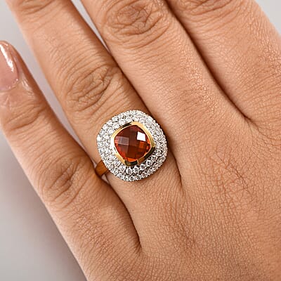Crimson Fire Opal and Moissanite 2.64 ctw Ring in 18K Vermeil Yellow Gold Over Sterling Silver (Size 8.0)